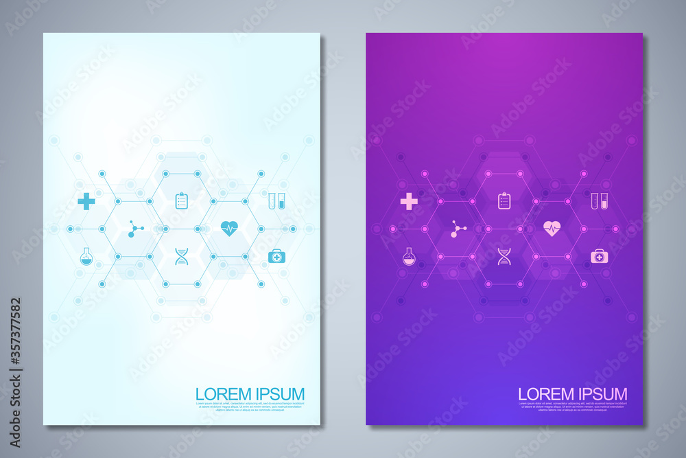 Template brochure or cover book, page layout, flyer design. Concept and idea for health care business, innovation medicine, pharmacy, technology. Medical background with flat icons and symbols. Template brochure or cover book, page layout, flyer design. Concept and idea for health care business, innovation medicine, pharmacy, technology. Medical background with flat icons and symbols.