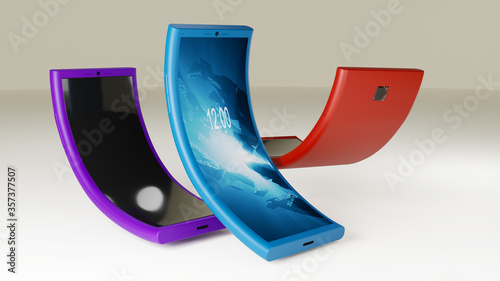 Flexible Smartphone. 3D Rendered Model of the Cell Phone with Flexible body and Display. Future Predictions in Mobile Technology. photo