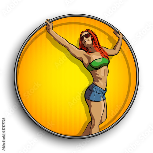 Painted girl in round. Comic Lady on circle. Cartoon woman. Drawing sportswoman.