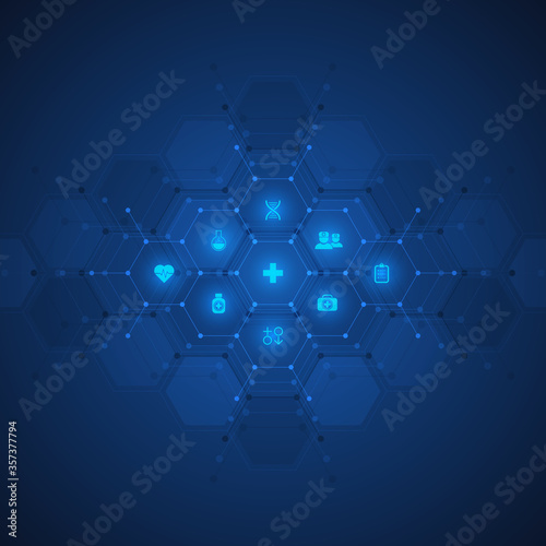 Healthcare and technology concept with flat icons and symbols. Template design for health care business, innovation medicine, science background, medical research. Vector illustration.