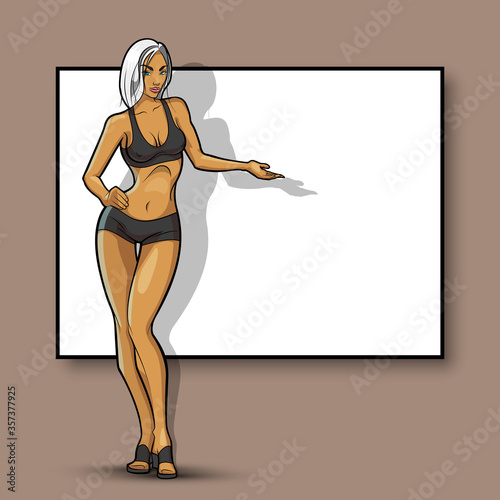 Slim girl on the background of an empty banner. Sexy woman in front of school board. Elegant lady on the background of pure advertising poster