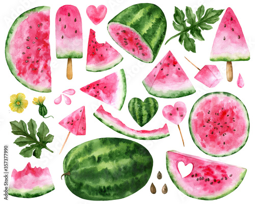 Watercolor watermelon. Hand painted set of pink slices of watermelons. Isolated elements on a white background.