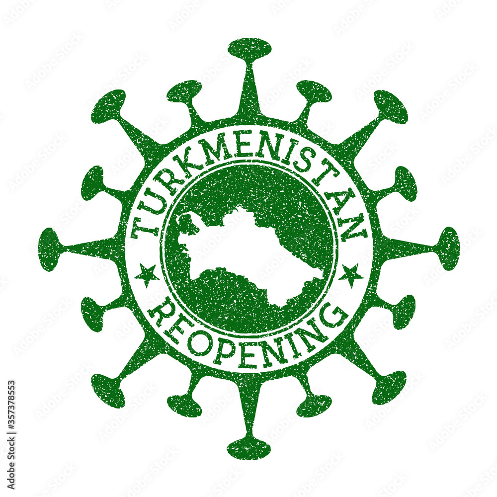 Turkmenistan Reopening Stamp. Green round badge of country with map of Turkmenistan. Country opening after lockdown. Vector illustration.