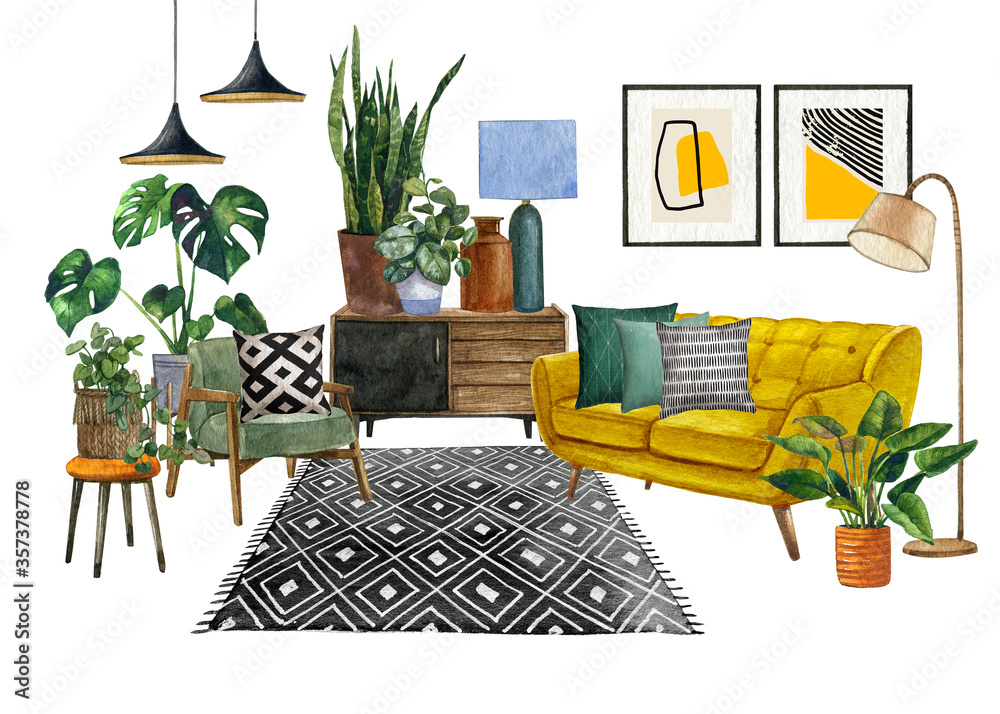Watercolor Interior background with mid-century modern furniture, Interior  Decor Scene.Room with houseplant,rug, yellow sofa, green  pillows.Housewarming print.Tropical boho home Stock-Illustration | Adobe  Stock