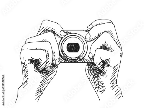 Sketch of hands holding compact photo camera, Hand drawn illustration Vector