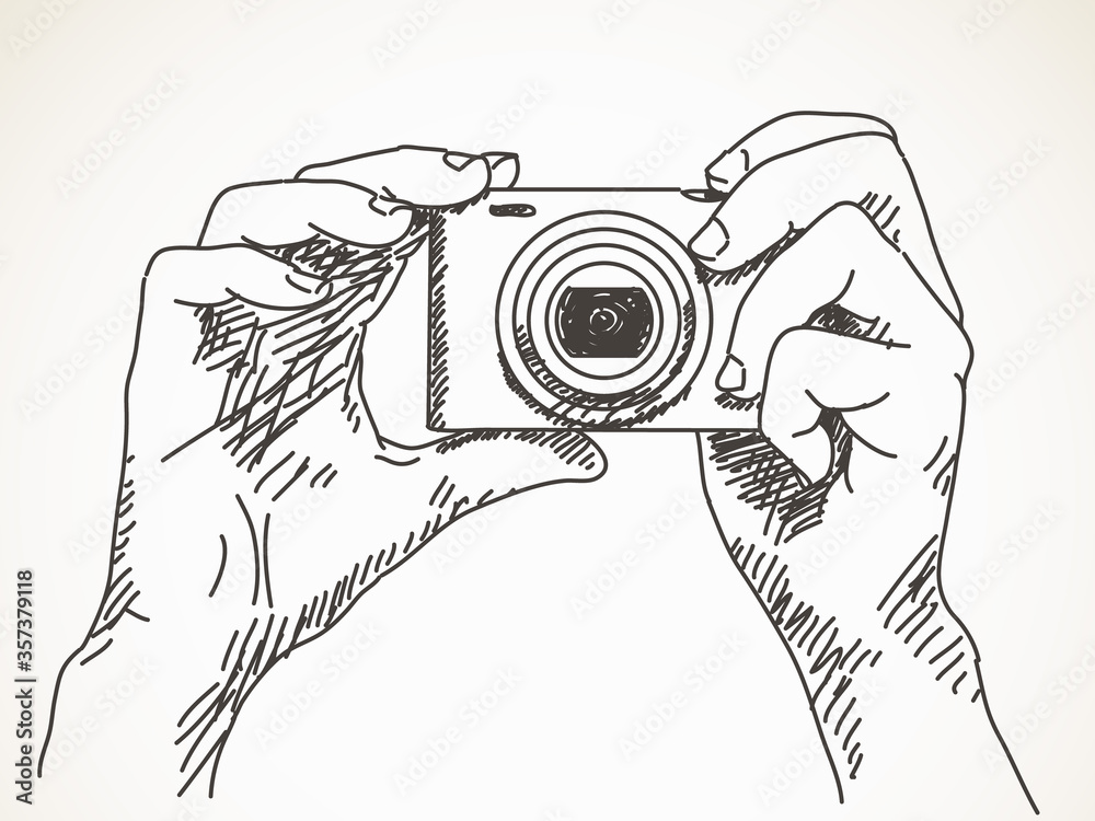 Fototapeta Sketch of hands with compact photo camera, Hand drawn illustration Vector, Isolated