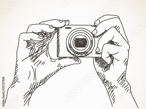 Sketch of hands with compact photo camera, Hand drawn illustration Vector, Isolated