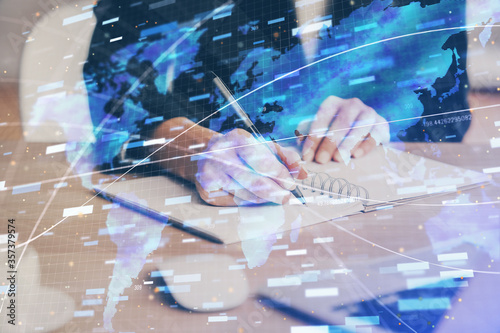 Wallpaper Mural Double exposure of writing hands on background with data solution hologram on front. Technology concept. Close up Torontodigital.ca