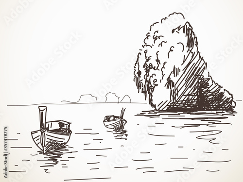 Thailand island landscape, Limestone rock, Long tail boats, Hand drawn Vector illustration