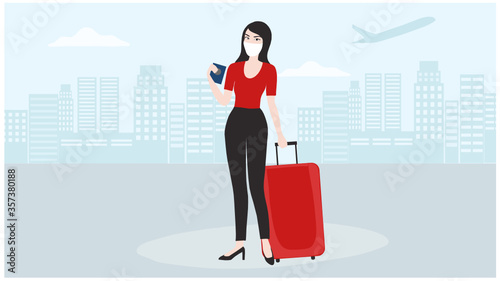 Woman wearing face mask travelling aboard vector illustration. Covid-19 coronavirus prevention travelling concept background