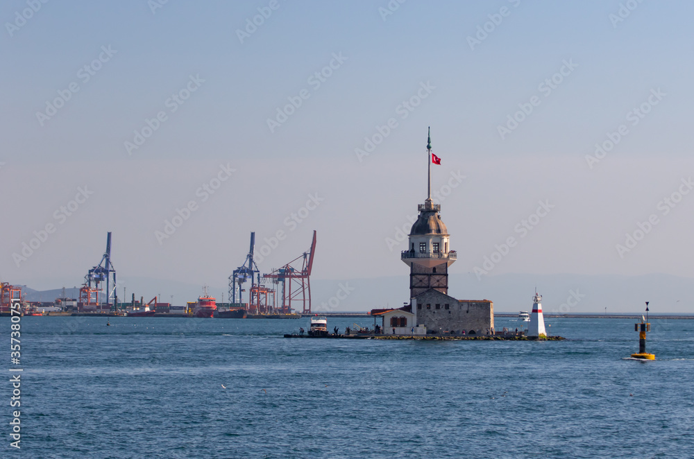 Istanbul, Turkey - one of the most recognizable landmarks of Istanbul, the Maiden's Tower stands in the middle of Bosporus, right in front the Üsküdar district. Here in particular its shape