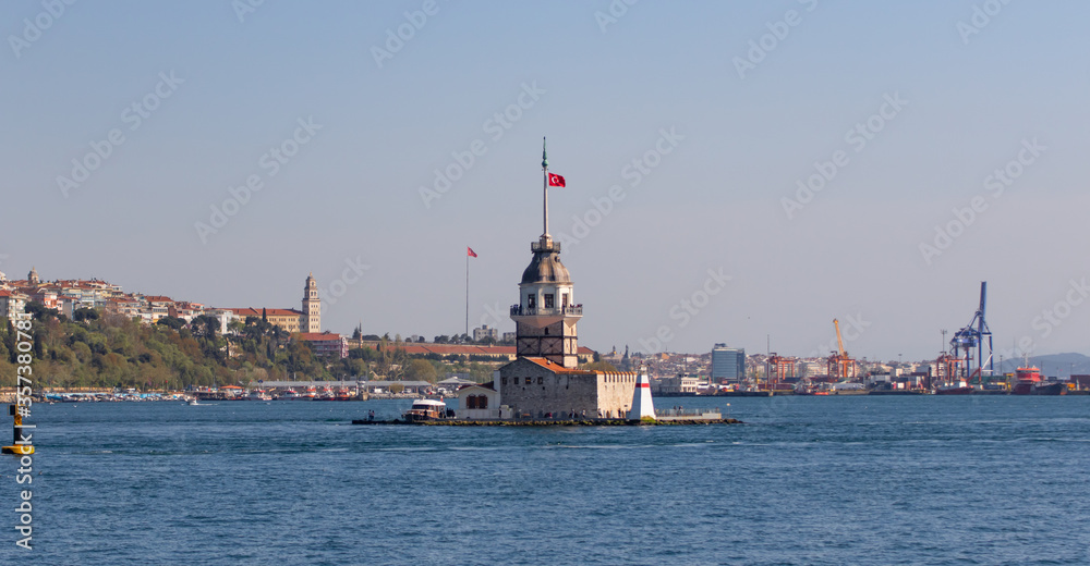Istanbul, Turkey - one of the most recognizable landmarks of Istanbul, the Maiden's Tower stands in the middle of Bosporus, right in front the Üsküdar district. Here in particular its shape