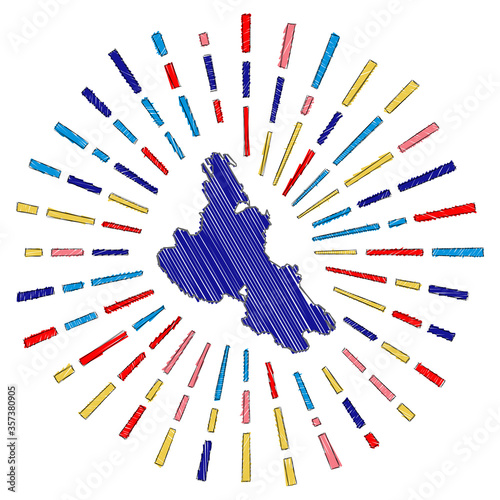 Sketch map of Krk. Sunburst around the island in flag colors. Hand drawn Krk shape with sun rays on white background. Vector illustration.
