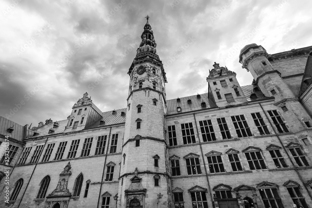 Helsingor. Denmark. 26 July. Tower of Kronborg Castle. View from the yard. Black and white photo. Denmark Landmarks Architecture.