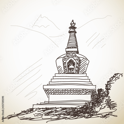 Buddhist stupa in mountain, Hand drawn illustration, Vector sketch