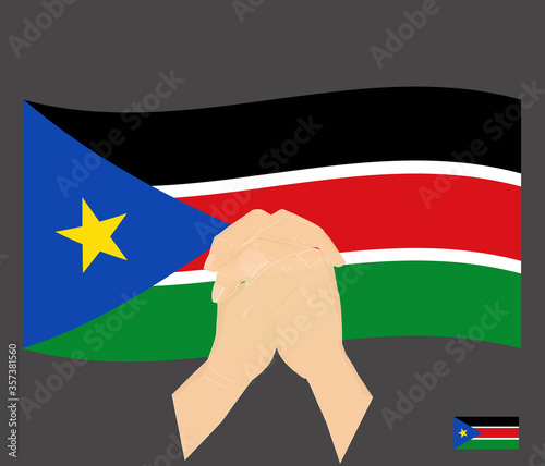 Praying hands with South Sudan National Flag, Pray for South Sudan, Save South Sudanese People concept, cartoon graphic, sign symbol background, vector illustration.