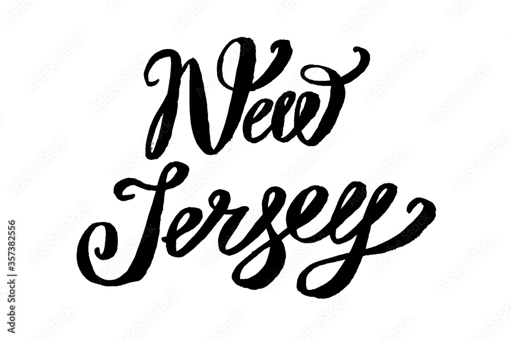 USA States vector name phrase. Brush calligraphy of the New Jersey. Hand-drawn typography of the USA with the name of the state. Modern brush ink lettering. America typographic sign.