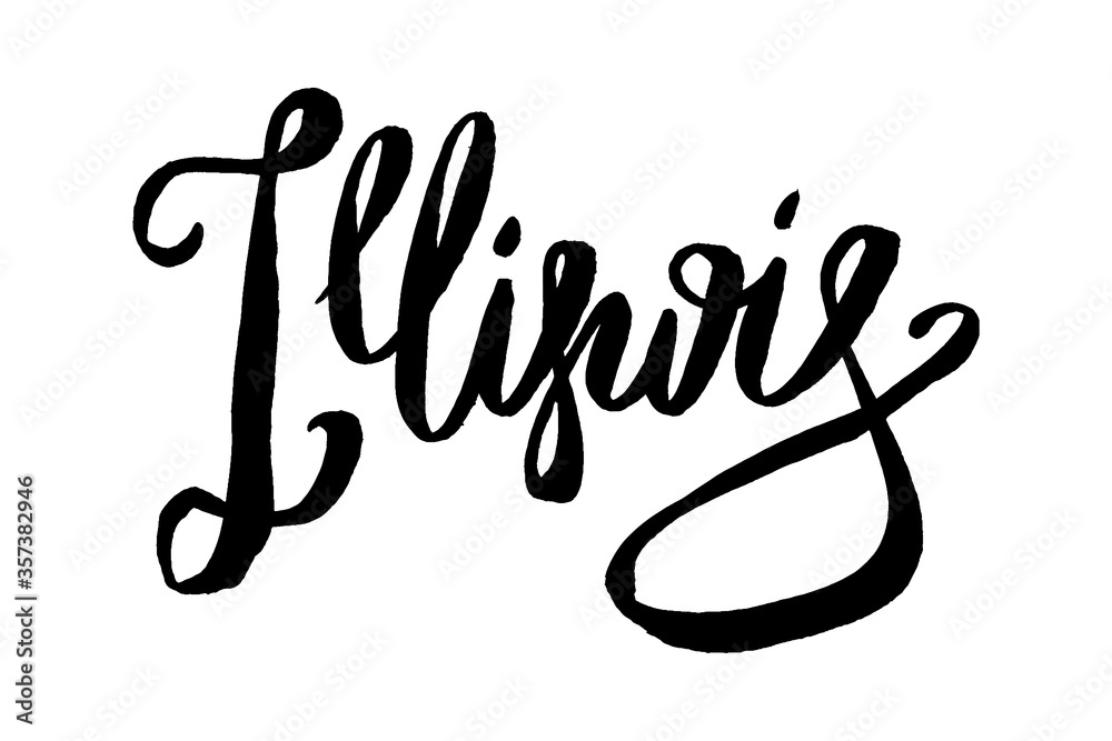 USA States vector name phrase. Brush calligraphy of the Illinois. Hand-drawn typography of the USA with the name of the state. Modern brush ink lettering. America typographic sign. USA States vector name phrase. Brush calligraphy of the Illinois. Hand-drawn typography of the USA with the name of the state. Modern brush ink lettering. America typographic sign.