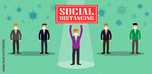 Businessman office people maintain social distancing. New normal at job working. covid-19 sign vector