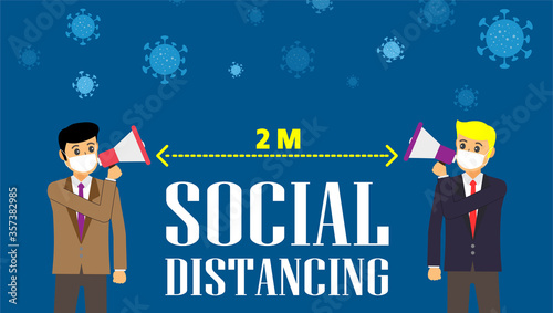 Businessman office people maintain social distancing. New normal at job working. covid-19 sign vector