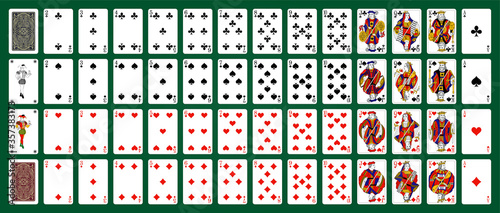 Poker set with isolated cards on green background. 52 French playing cards with jokers. photo