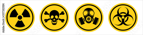 Danger warning yellow sign. Radiation sign, Gas mask, Toxic sign and Bio hazard. Vector icon isolated on white background.