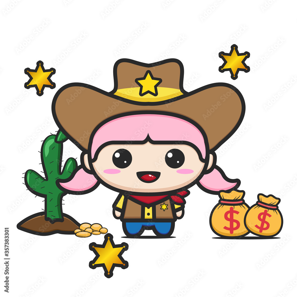 Obraz premium Cute kid in a cowgirl costume. Isolated money bags and cactus trees against a white background