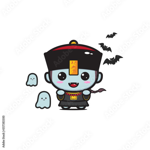 Cute chinese zombie or vampire isolated on white. vector illustration. cartoon character. (caption: chinese zombie)