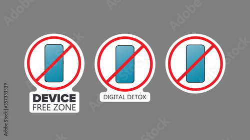 Set of stickers. Strikethrough phone icon. The concept of ban devices, free zone devices, digital detox. Blank for sticker. Isolated. Vector.