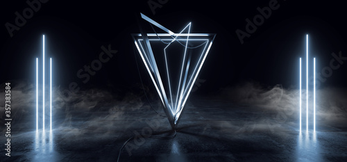 Smoke Fog Neon Laser Sci Fi Futuristic Glass Pillars Stage Podium Glowing Blue Pyramid Arc Cyber Synth Alien Spaceship Garage Concrete Reflective Background 3D Rendering