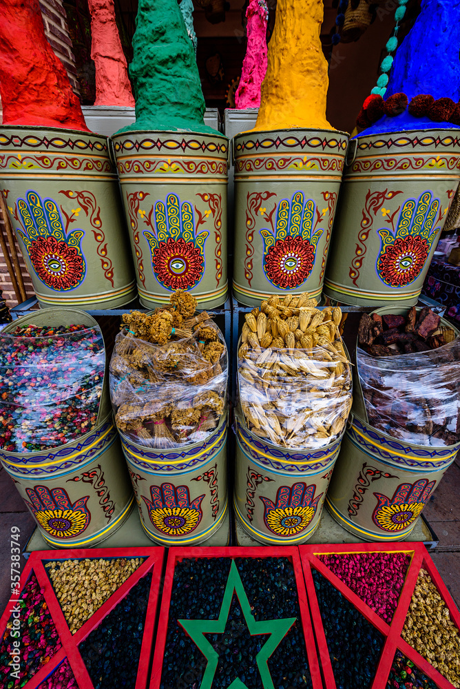 Fototapeta premium Marrakesh has the largest traditional market (souk) in Morocco, with some 18 souks selling wares ranging from traditional Berber carpets to modern electronic.