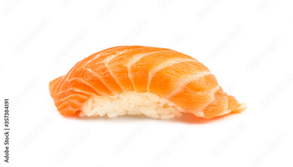 Close up one nigiri sushi with salmon on white Close up one nigiri sushi with salmon on white