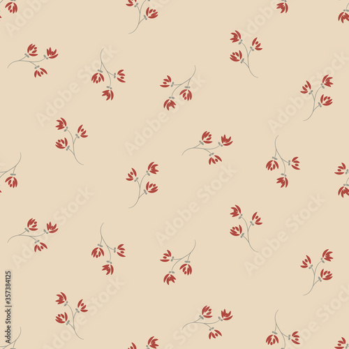 Simple ditsy red flowers seamless vector pattern on muted pink. Simple girly surfacce print design. For fabrics, wedding stationery, bagrounds, wrapping paper, and packaging. photo