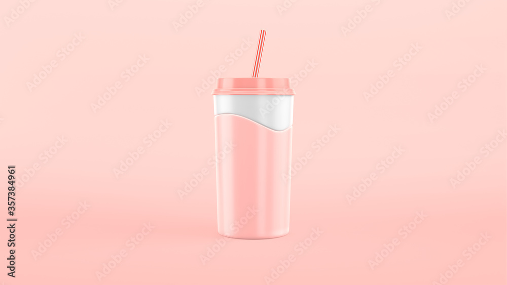3D rendering paper cup pink strawberry milkshake, milk. Slow motion wave splash. Craft, plastic cup with a straw cartoon style.