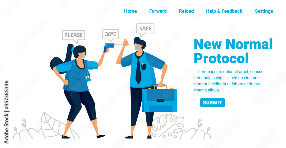 New normal pandemic protocol for work and travel. Control body temperature in offices, airports and health facilities. Illustration design of landing page, website, mobile apps, poster, flyer, banner New normal pandemic protocol for work and travel. Control body temperature in offices, airports and health facilities. Illustration design of landing page, website, mobile apps, poster, flyer, banner