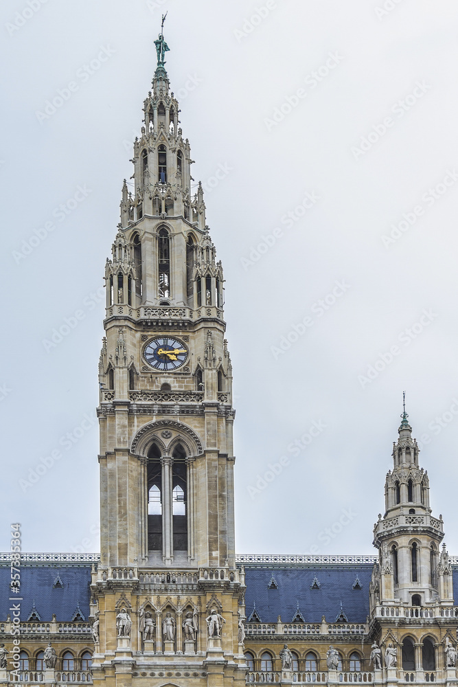 Neo-Gothic style City Hall building (Rathaus, 1883) in Vienna, Austria.