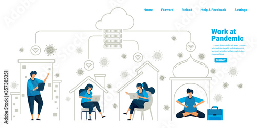 People working inside their homes using cloud server and datacenter technology during the new normal pandemic. Illustration design of landing page, website, mobile apps, poster, flyer, banner