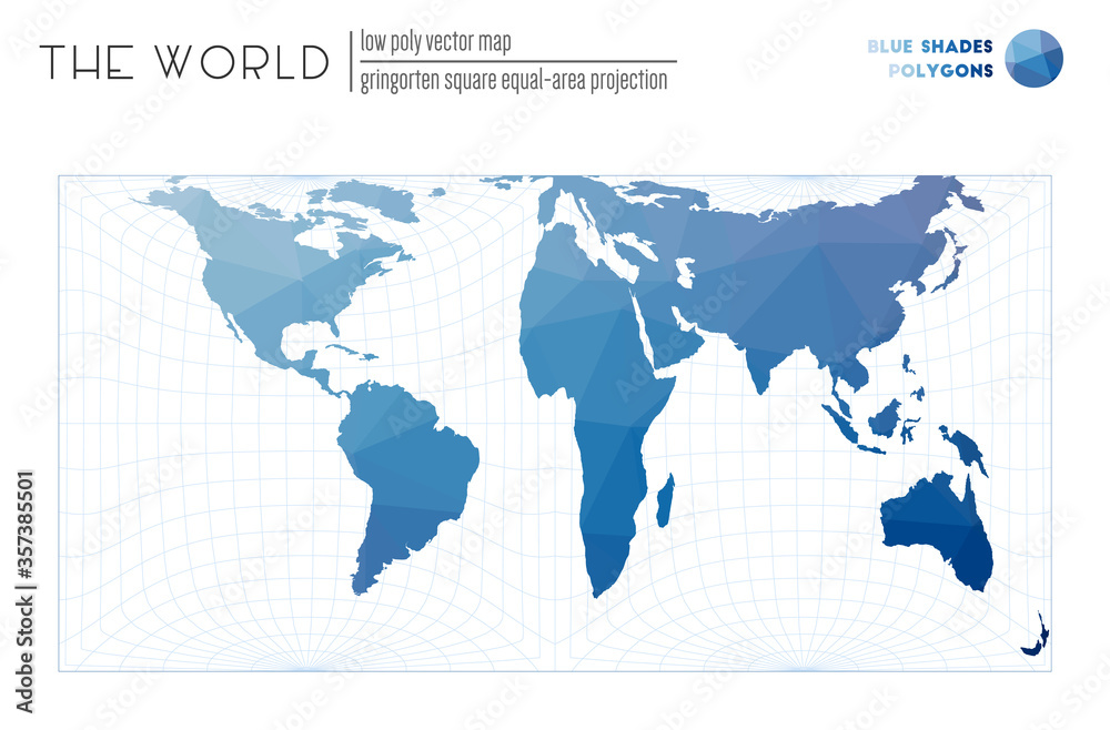 Abstract world map. Gringorten square equal-area projection of the world. Blue Shades colored polygons. Elegant vector illustration.