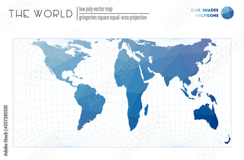 Abstract world map. Gringorten square equal-area projection of the world. Blue Shades colored polygons. Elegant vector illustration.