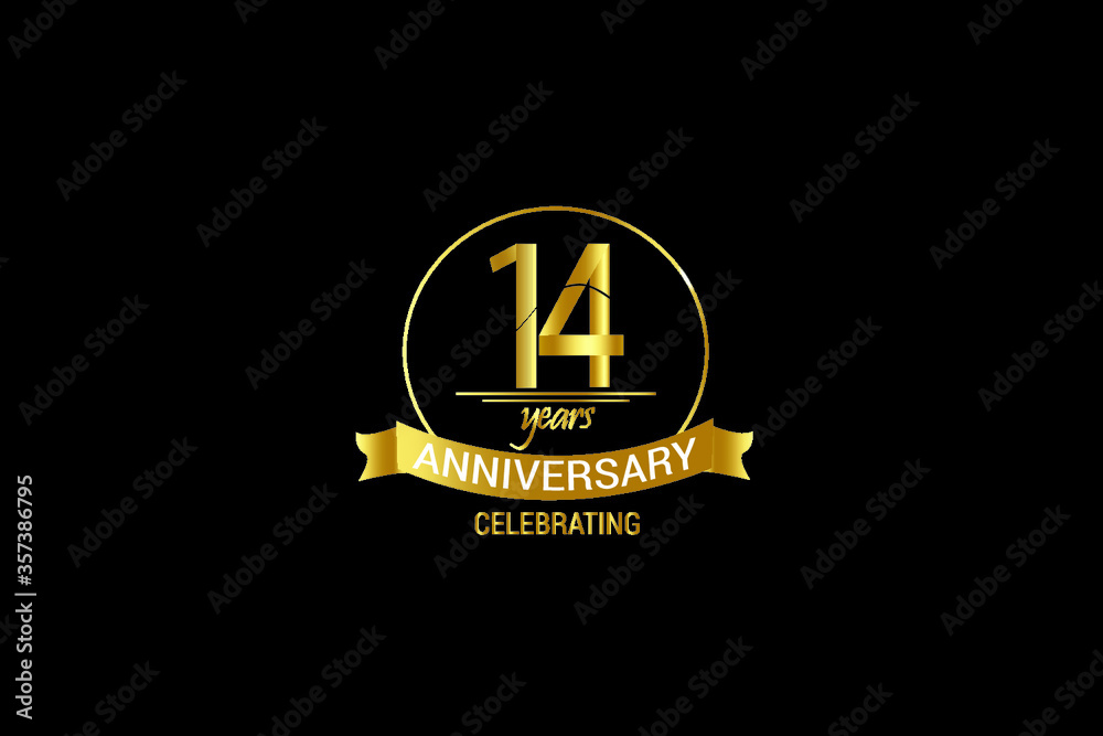 Fototapeta premium 14 year Luxury Black Gold anniversary, minimalist logo years,jubilee, greeting card. Birthday invitation. year sign. Gold space vector illustration on white background - Vector