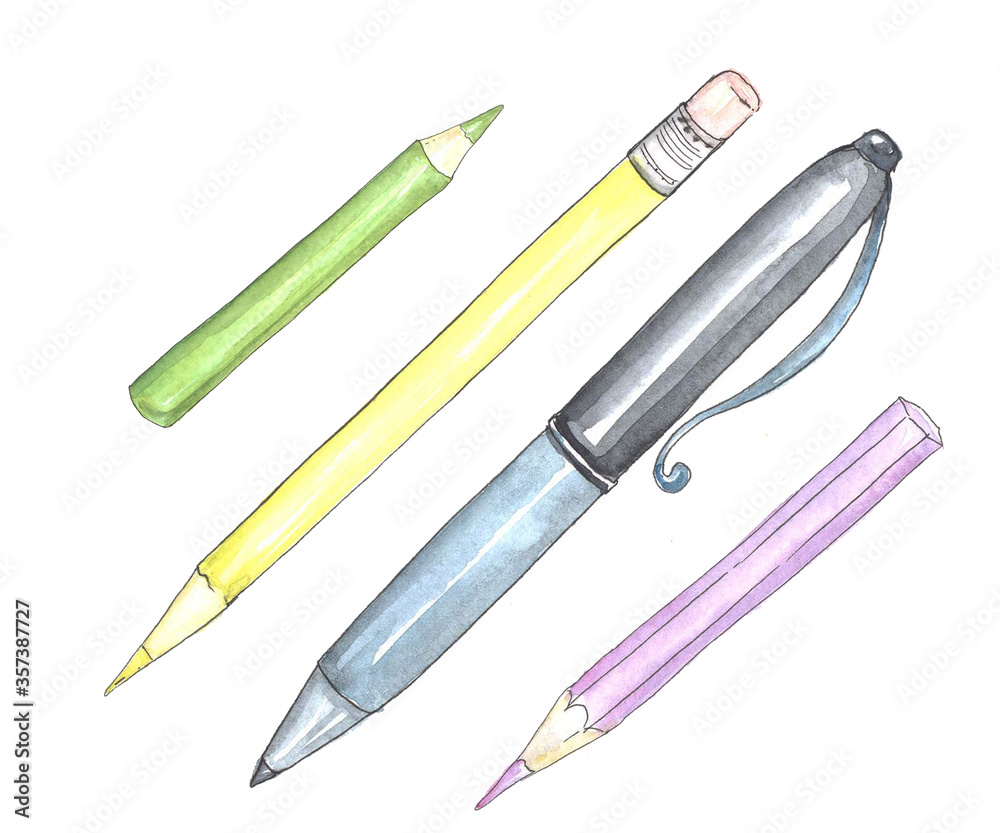 Fototapeta premium Set of yellow, green and purple pencils and blue pen painted by watercolor isolated on white