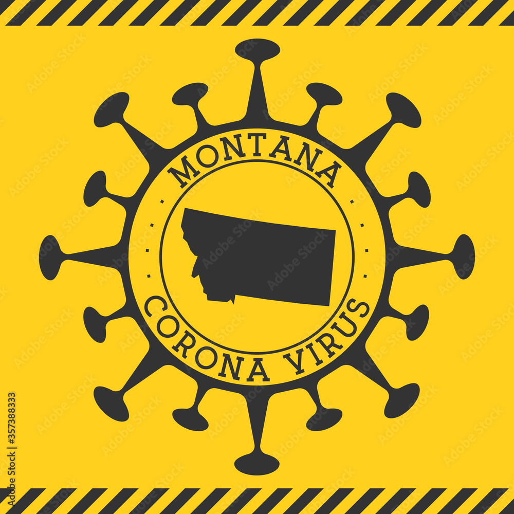 Corona virus in Montana sign. Round badge with shape of virus and Montana map. Yellow us state epidemy lock down stamp. Vector illustration.