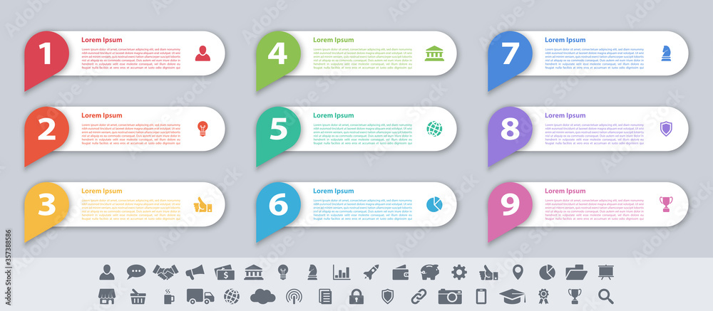 Infographic design business concept vector illustration with 9 steps or options or processes represent work flow or diagram or web button banner