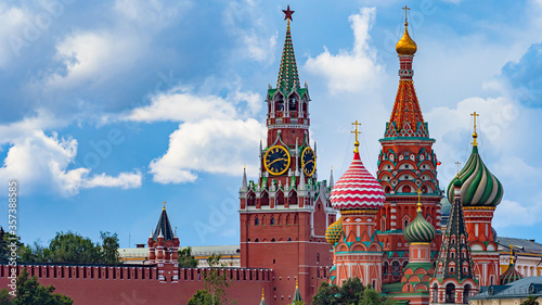 Moscow. Russia. Red square of Moscow. St. Basil's Cathedral. Moscow Kremlin. Spasskaya tower of the Kremlin with chimes and a star. Sights of the Russian capital.