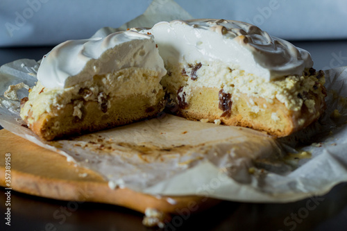 pie with cottage cheese raisins and cream of beaten eggs and sugar.