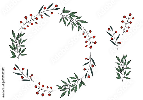 Bright doodle wreath of twigs of red berries and green branches. Elements of the wreath. Hand drawing style. Botanical doodling. Isolated object on a white background.
