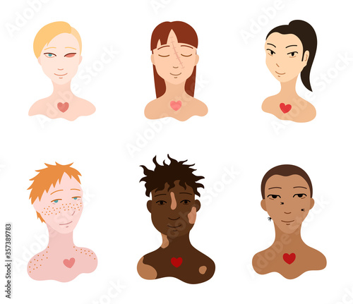 Portraits of body positive people set. Flat style isolated illustration on white background.