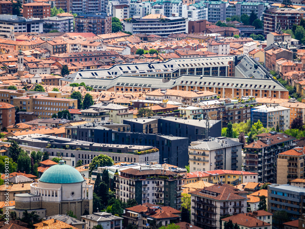 Bergamo, Lombardia, Italy, 20/02/2019, Triangolo palace, and Church of Santa Lucia, diagonal aerial view