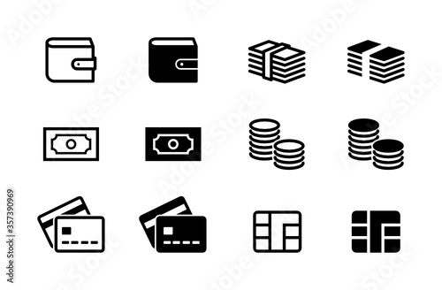 お金やクレジットカードのアイコンセット。財布,紙幣,硬貨,クレジットカード,ICカード,札束,コインなどのシンプルなイラストのアイコン。線で描かれたアイコンと塗りで描かれたアイコンが含まれている。