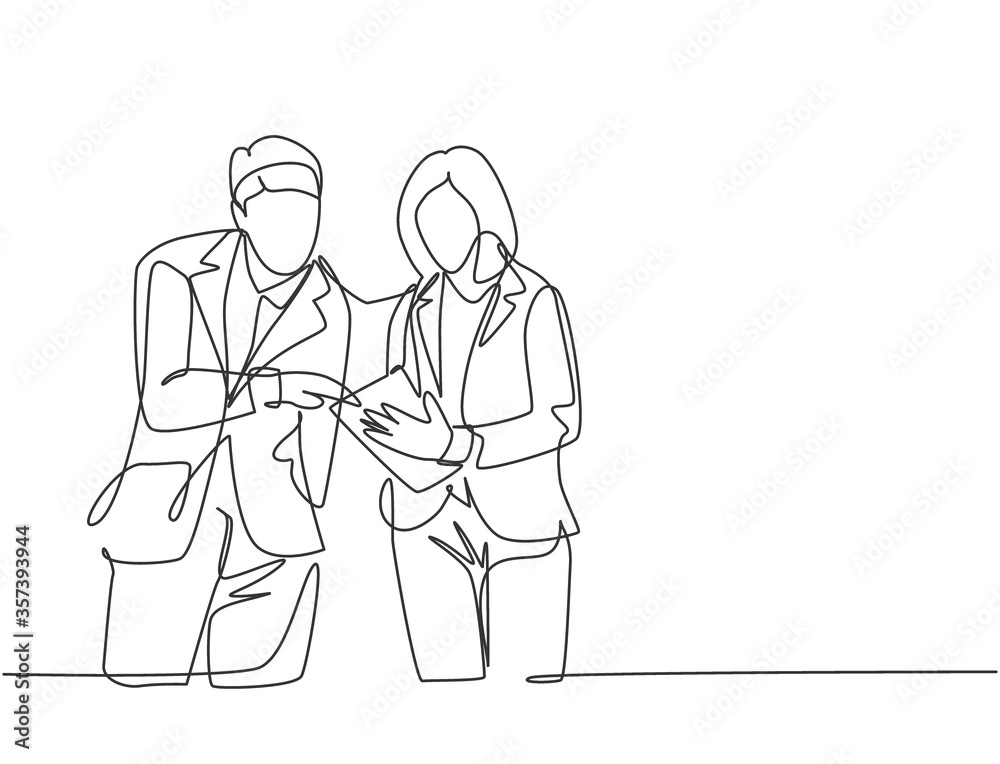 One continuous line drawing of young happy male and female marketing manager discussing sales progress on tablet phone. Online business report concept. Single line draw design vector illustration One continuous line drawing of young happy male and female marketing manager discussing sales progress on tablet phone. Online business report concept. Single line draw design vector illustration
